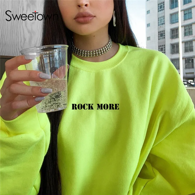 

Sweetown 2019 Autumn Plus Size Women Sweatshirt Neon Color Korean Fashion Pullover Letter Print Puff Long Sleeve Sweatshirts