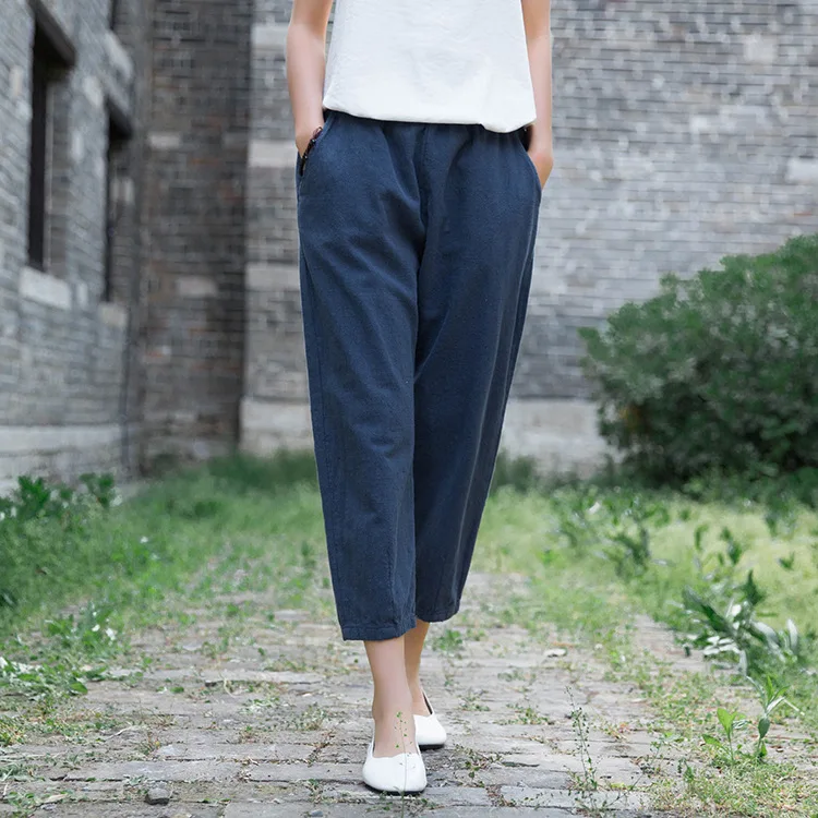 Johnature Loose Comfortable Solid Color Pockets Elastic Waist All-match Calf-length Pants 2020 Autumn New Women Straight Pants