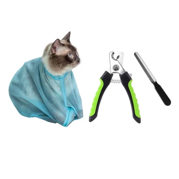 

1pcs Mesh Pet Cat Grooming Restraint Bag For Bath Washing Nails Cutting Cleaning Bags Blue & 1 set Pet Nail Clippers Nail File D