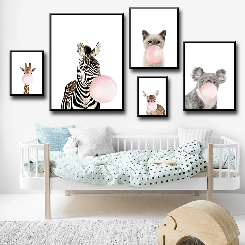 

Cartoon Bubble-blowing Animals Zebra Giraffe Wall Canvas Painting Nordic Posters And Prints Wall Pictures For Living Room Decor