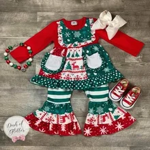 Рождественский наряд; модная осенне-зимняя одежда для малышей; Красная футболка с длинными рукавами; штаны с оборками; леггинсы; бутик для маленьких девочек
