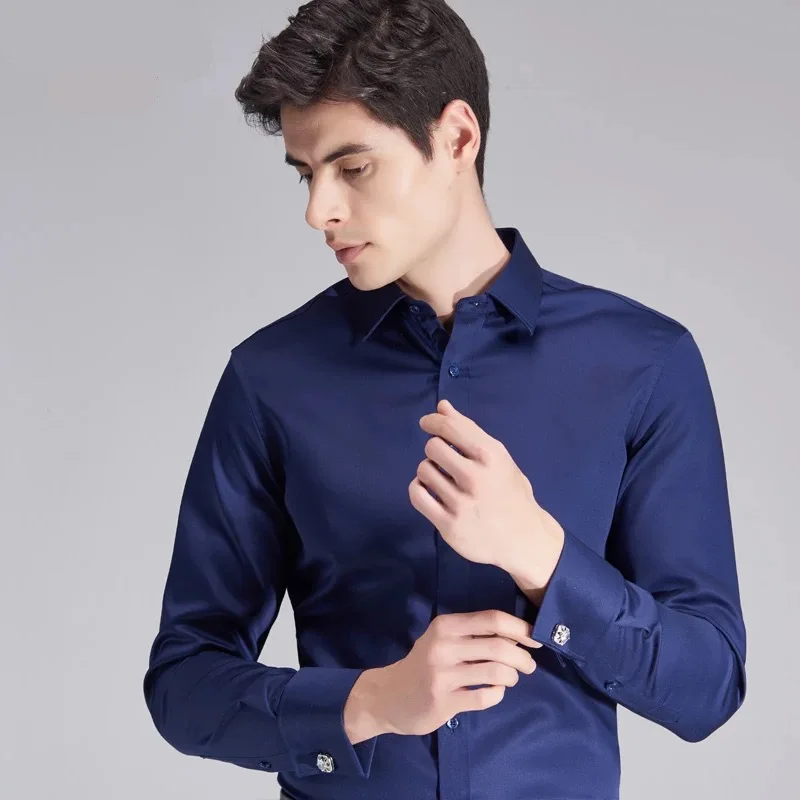 Высококачественная Мужская одежда с французскими манжетами, рубашка с длинным рукавом, Мужская Повседневная рубашка с запонками на свадьбу размера плюс 5XL 6XL - Цвет: Тёмно-синий