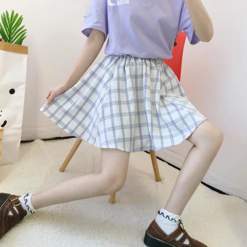 Женская клетчатая трапециевидная юбка в стиле ампир, Женская Корейская Мини Повседневная юбка, летние женские эластичные милые юбки выше колена