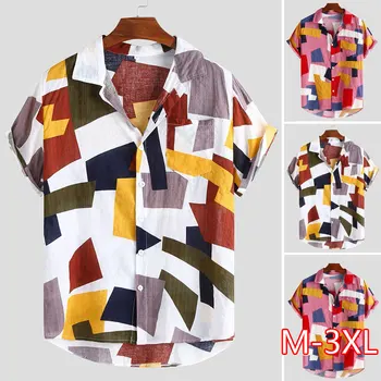 

Summer Mens Shirts Hawaiian Fashion Plaid Printed Loose Short Sleeve Buttons Casual Tops And Blouse Chemise Hawaiienne