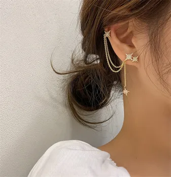 

AOMU 2020 New Korea S925 Shine Rhinestone Meteor Asymmetric Tassel Chain Ear Bone Clip Crystal Hexagram Women Earrings