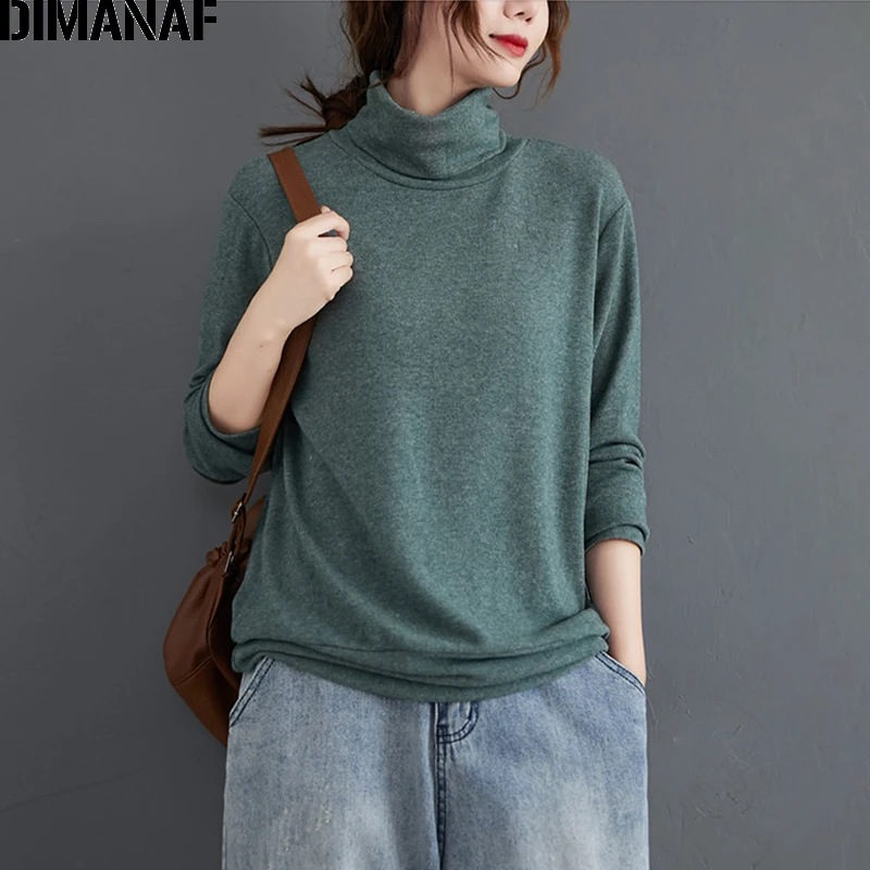 DIMANAF Plus Size Women T-Shirt Long Sleeve Basic Lady Tops Tunic Tee Turtleneck Cotton Knitted Loose tshirt Thin Women Clothing