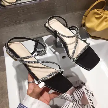 

Block Heels Female Sandal Real Leather Shoes Woman Rhinestone Sandals Two Weare 2020 Women's Open Toe Chunky Ladies Red With