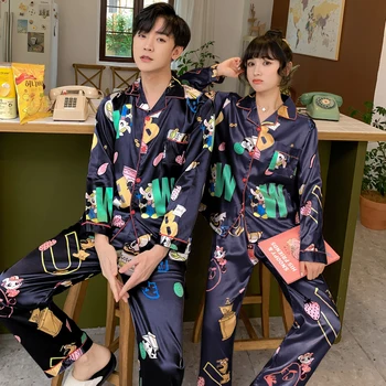 

Couple Pajamas Set Women Mens Silk Satin Pajama Set Couples Long Sleeve Sleepwear Homewear Pj Unisex Pyjamas Plus Size M-3XL