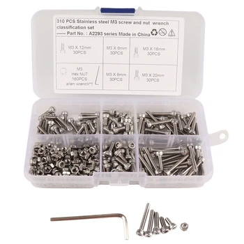 

310 Pcs M3 Stainless Steel Hex Socket Head Cap Screws Nuts Assortment Kit With Wrench With Assortment Tool Box