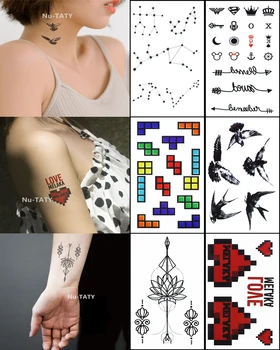 

Nu-TATY Waterproof Temporary Sticker Tetris Swallow Pixel Love Star Map Lotus Flower Written Words Arm Men Fake Tattoo Stickers