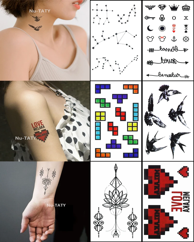 Nu Taty 男性用の防水一時ステッカー テトリス ツバメ ピクセル 愛 星図 蓮の花 書かれた言葉 偽の入れ墨 消えるタトゥー Aliexpress