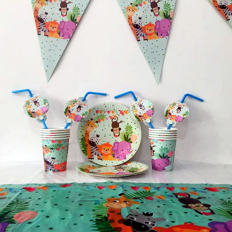 

32PCS/set Cartoon Safari Jungle Animals Theme Disposable Tableware Sets Kids Shower For Birthday Holiday Party Decor Supplies