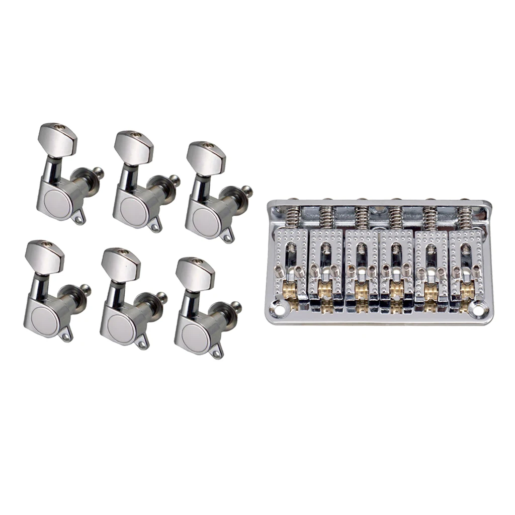 Chrome 6 String Guitar Hardtail Bridge Top Load+6R Tuning Pegs Tuners for Electric Guitar