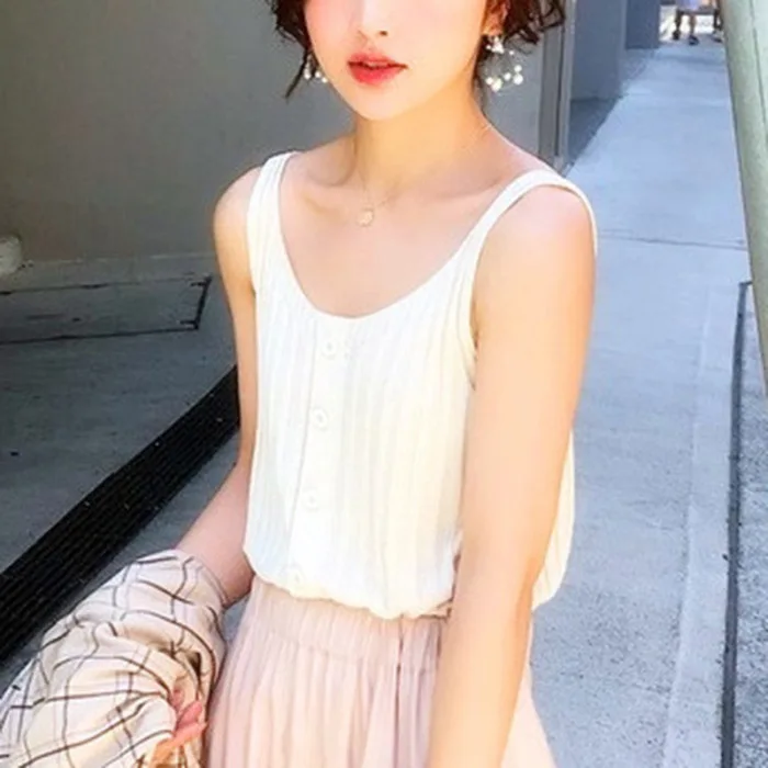 Женщины без рукавов Camisole Tank Top кнопка спереди тонкий Fit Летний жилет Топ-MX8