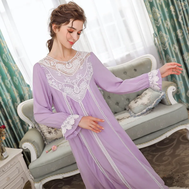 Ночная рубашка принцессы, хлопковая, винтажная, королевская, мягкая, ночная рубашка, кружевная, элегантная, ночная рубашка, лист лотоса, милая, домашняя одежда, для невесты, для женщин - Цвет: Purple
