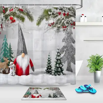 

Winter Christmas Shower Curtain Santa Claus Snowman Reindeer Snow Tree Waterproof Shower Bath Curtain Non-slip Bath Mat And Rugs