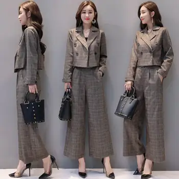 

2020 Women's Spring New high-waist wide-leg pants two-piece suit] small suit short jacket + Korean plaid trousers two-piece suit