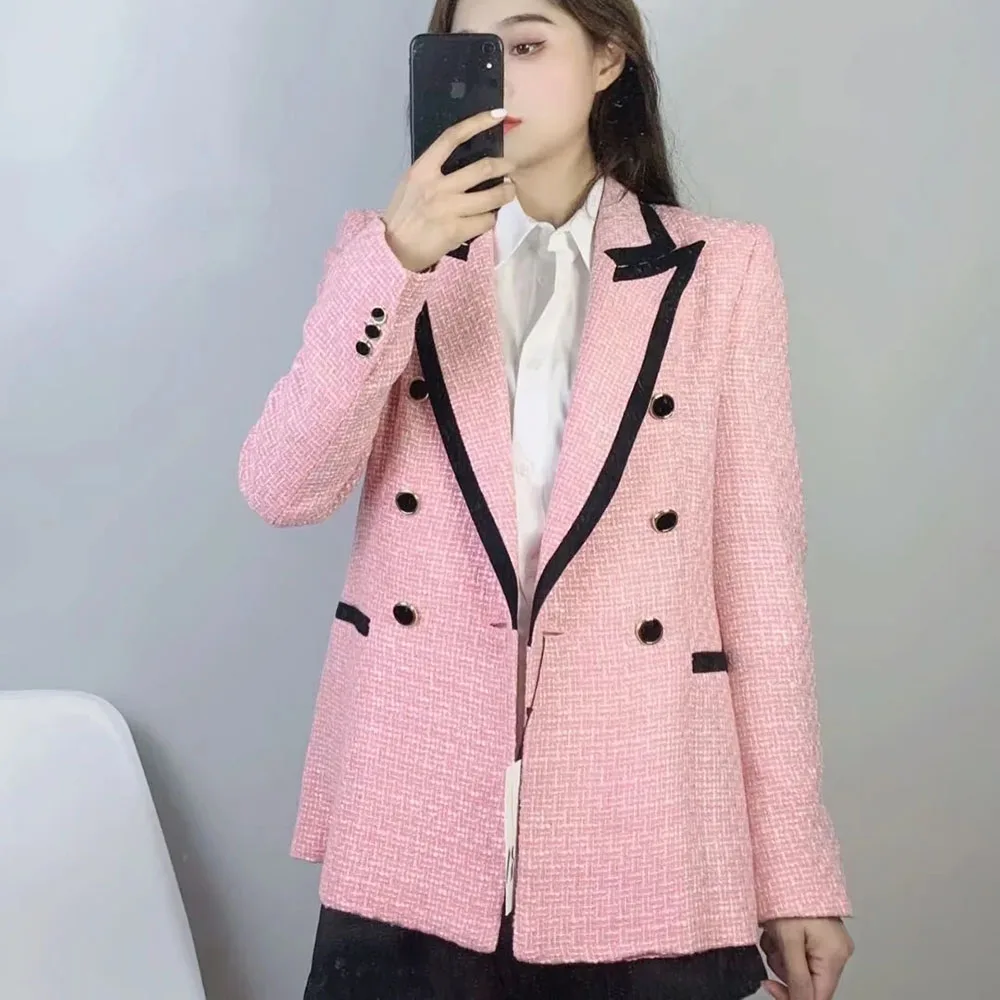 

DYLQFS 2021 Tweed Women Vintage Pink Splicing Long Sleeve Slim Office Lady Blazer Female Double Breasted Streetweaer Suit Top