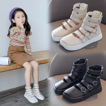 

Children's Rome Shoes 2020 New Girls Shoes Kids Pu Leather Black Cutout Zip Rubber Princess Sandals Shoe Students Girl Boots