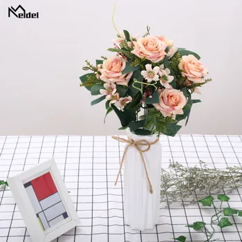 

12 Heads Rose Pink Silk Bouquet Artificial Flowers Faux Roses Flores Bride Bouquet Wedding Home Table Decor Fake Flowers Bunch