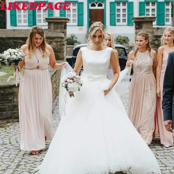 

LIKEDPAGE White wedding dress 2020 Cheap Satin Elegant Tulle Skirt A Line Floor Length Backless Bridal Gown Dresses plus size