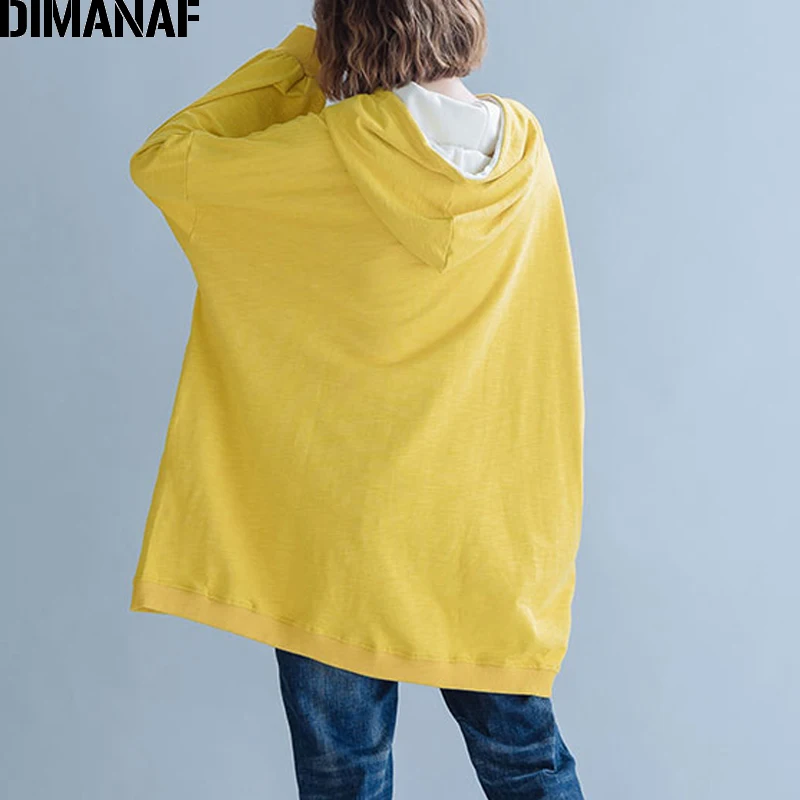DIMANAF плюс Размеры Для женщин толстовки осень-зима с длинными рукавами большой размер, свободного кроя из хлопка; однотонные женские футболки с капюшоном