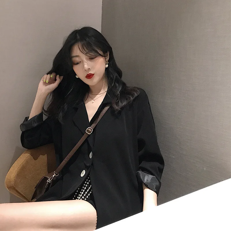 

Photo Shoot Early Autumn Network Red Black Suit Jacket Women's Shell Button CHIC Retro Loose-Fit Leisure Suit