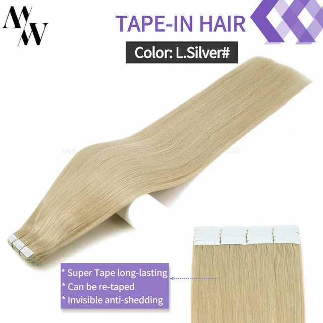 MW Double Drawn Remy Tape In Human Hair Extensions 100% Real Skin Weft Adhesive Glue On Seamless Natural Hair 16/20/24 Inches Light Silver