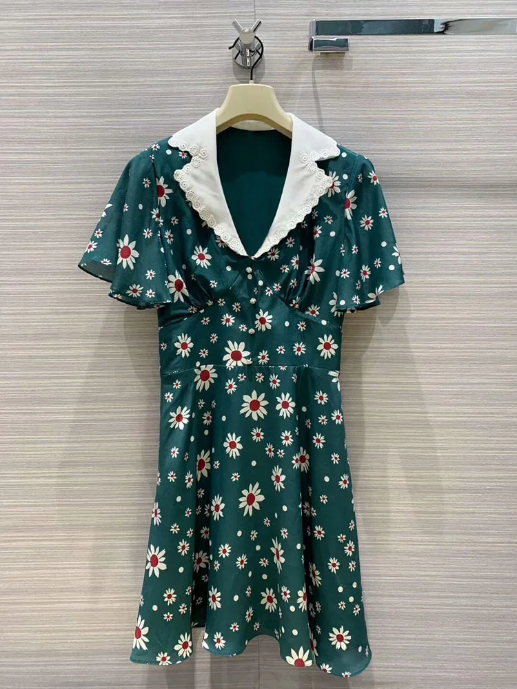 

2020 Early Spring New Arrival Women's Fashion Elegant Daisy Print Real Silk Dress Free Shipping Worldwide