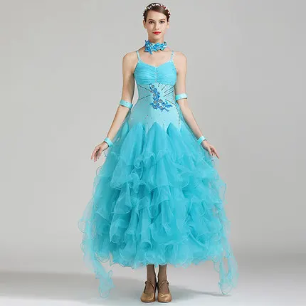Женское платье для бальных танцев с вышивкой, большие свинг-платья для леди, Вальс Танго танцевальные костюмы для выступлений - Цвет: Небесно-голубой