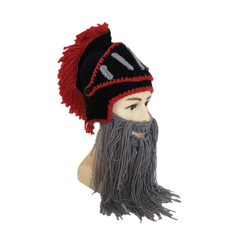 Black(Gray beard) Осенне-зимняя шерстяная шапка для взрослых Римский рыцарь-воин, вязаная крючком маска, шапка с бородой для мужчин и женщин, шапка для шлема - Цвет: Black(Gray beard)