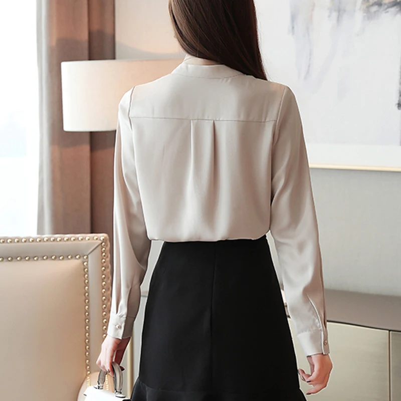 Camisas Mujer, новинка, осенняя однотонная блузка с длинным рукавом, женская рубашка, топы OL, винтажный пуловер с круглым вырезом, женская блузка, одежда 7161 50