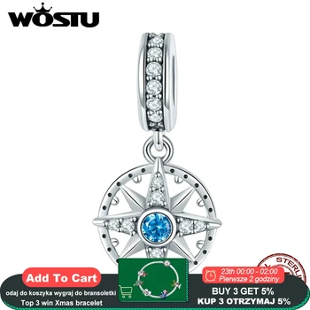 

WOSTU Real 925 Sterling Silver Original Compass Blue CZ Charm fit Bead Bracelet Necklace DIY Crystal Jewelry Fashion Gift CQC847