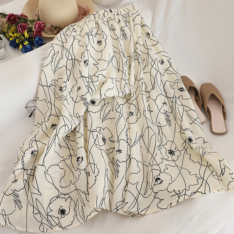 Ретро абстрактная Женская юбка с принтом, осень 2019, новинка, Корейская эластичная юбка с высокой талией, тонкая трапециевидная юбка