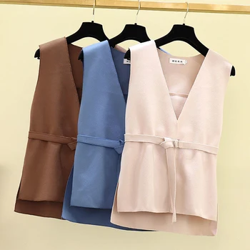 

2020 New Women Woolen Autumn Korean Plus size Sleeveless Jackets Ladies Fashion Belt Casual Waistcoat Female LU1226