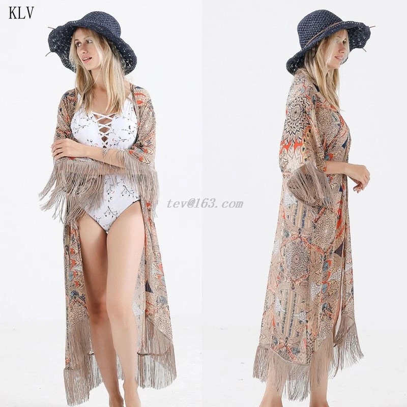 2021 Retro Printed Half Sleeve Chiffon Cardigan Kimono Boho Fringed Tassels Bikini Cover Up Ankle Length Cape Beach Swimsuit long flowy beach dress