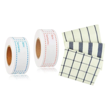 

3Piece Blue White Plaid Striped Tea Towel & 300Pcs Removable Freezer Labels 1 x 3 Inch Food Storage Stickers