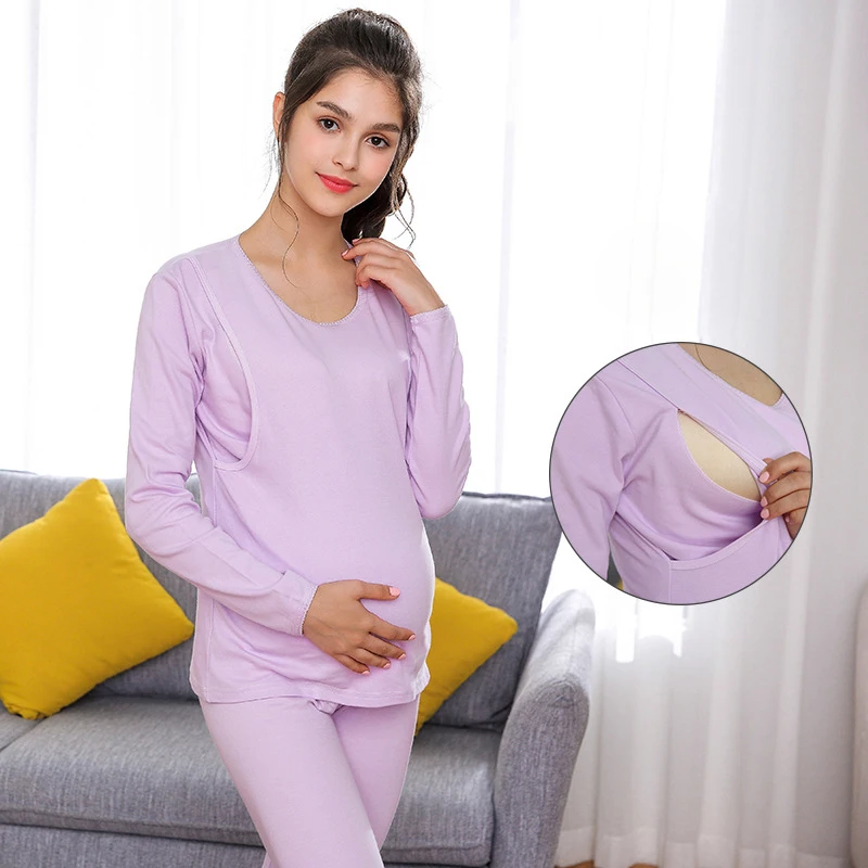 purple style2 Пижамы для беременных; сезон осень-зима; ночная рубашка для кормящих мам, кормящих грудью; теплое нижнее белье - Цвет: purple style2