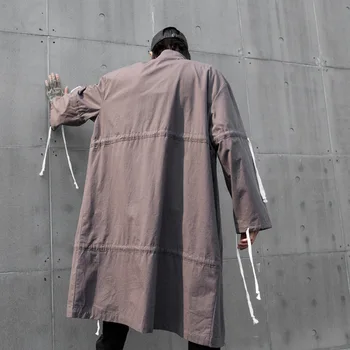 

Men Trench Coat Streetwear Hip Hop Drawstring Design Oversize Loose Long Windbreaker Jacket Male Cardigan Outerwear Overcoat