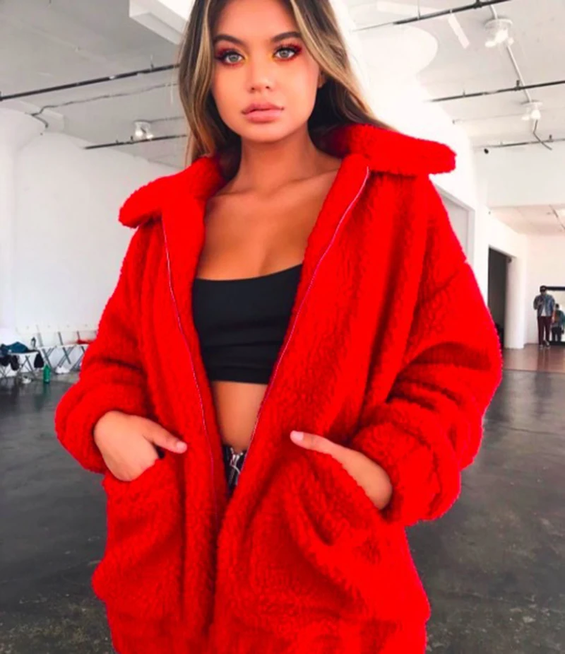 

Plus Size Fleece Faux Shearling Fur Jacket Coat Women Autumn Winter Plush Warm Thick Teddy Coat Female Casual Overcoat 3XL