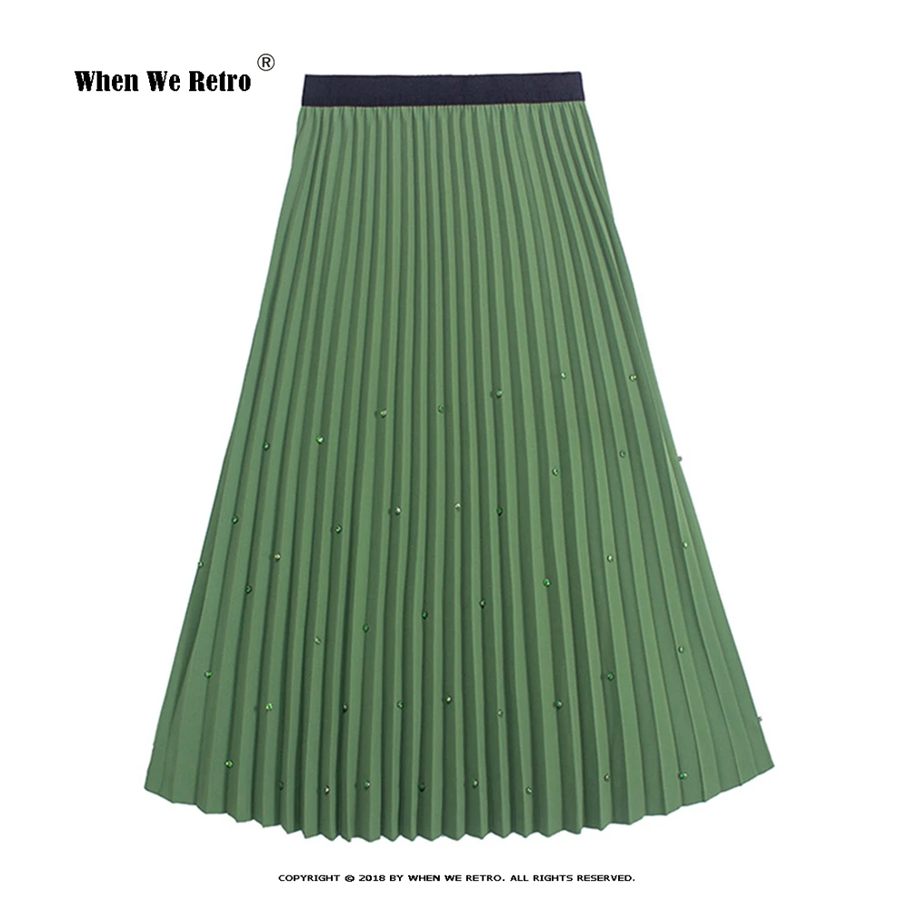 

New Fashion Spring Jupe Femme Green Black Apricot Long Skirts for Women VD2727 High Waist Flare Pleated Skirt with Beaded