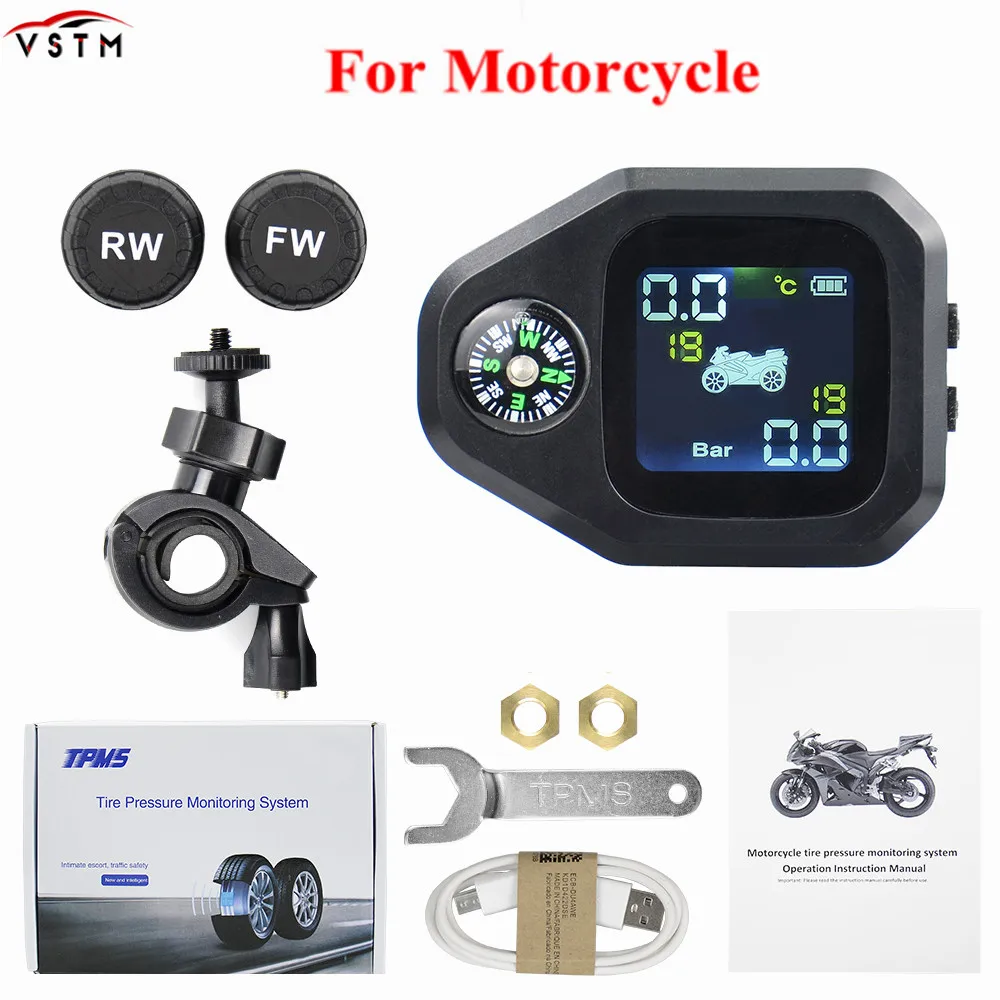 USB Solar Charging Motorcycle TPMS Motor Tire Pressure Tyre Temperature Monitoring Alarm System with 2 External Sensors Newest