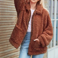 Женская Толстая теплая меховая овечья шерсть куртка осень зима пальто на молнии отложной воротник карман Повседневная Верхняя одежда верблюжья шерсть пальто