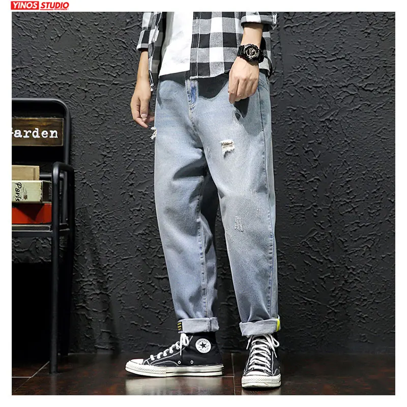 

Dropshipping Autumn Men Pocket Streetwear Demin Pants 2019 Mens Losse Shredded Jeans Male Baggy Vintage Demin Pants