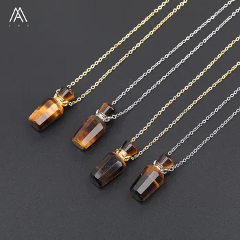 

Natural Tiger Eye Stone Mini Perfume Bottle Pendant Necklace Vintage Women Gold Silvery Chains Diffuser Necklace Jewelry