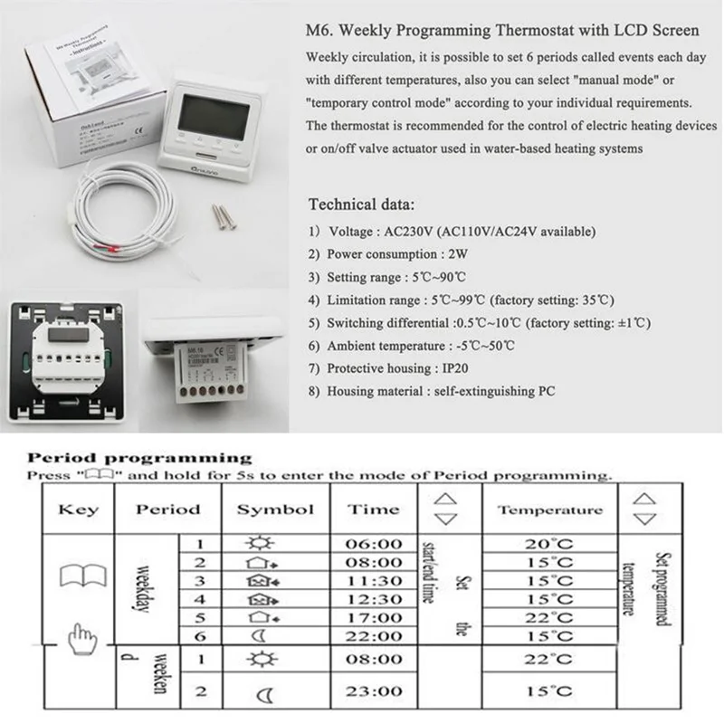 

220VAC IP20 Thermostat Programmable Wireless Digital Thermostat Temperature Remote Control WiFi For Indoor Temperature Setting