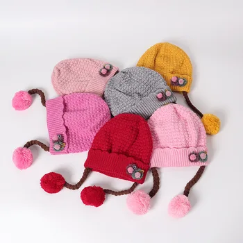 

Children's baby hat autumn and winter new hair ball wig 1-4 years old baby knit hat solid color plus lining comfortable wool cap