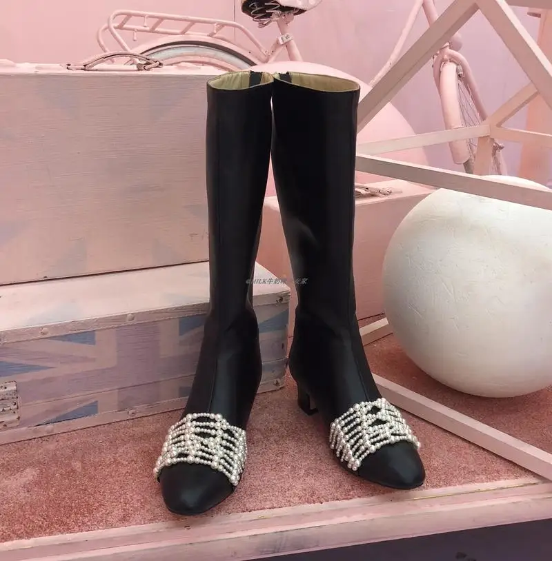 

Womens Round Toe Real Leather Knee Thigh High Boots Block Chunky Heel Pearls Decor Riding Winter Shoes Black A1663