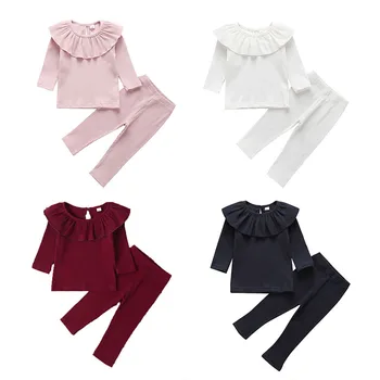 

Baby Girl Clothes Set Knitted Ruffle Tops Long Sleeve Pure Color T-shirt Leggings Pants Outfits 2pcs Set Baby Autumn Clothing