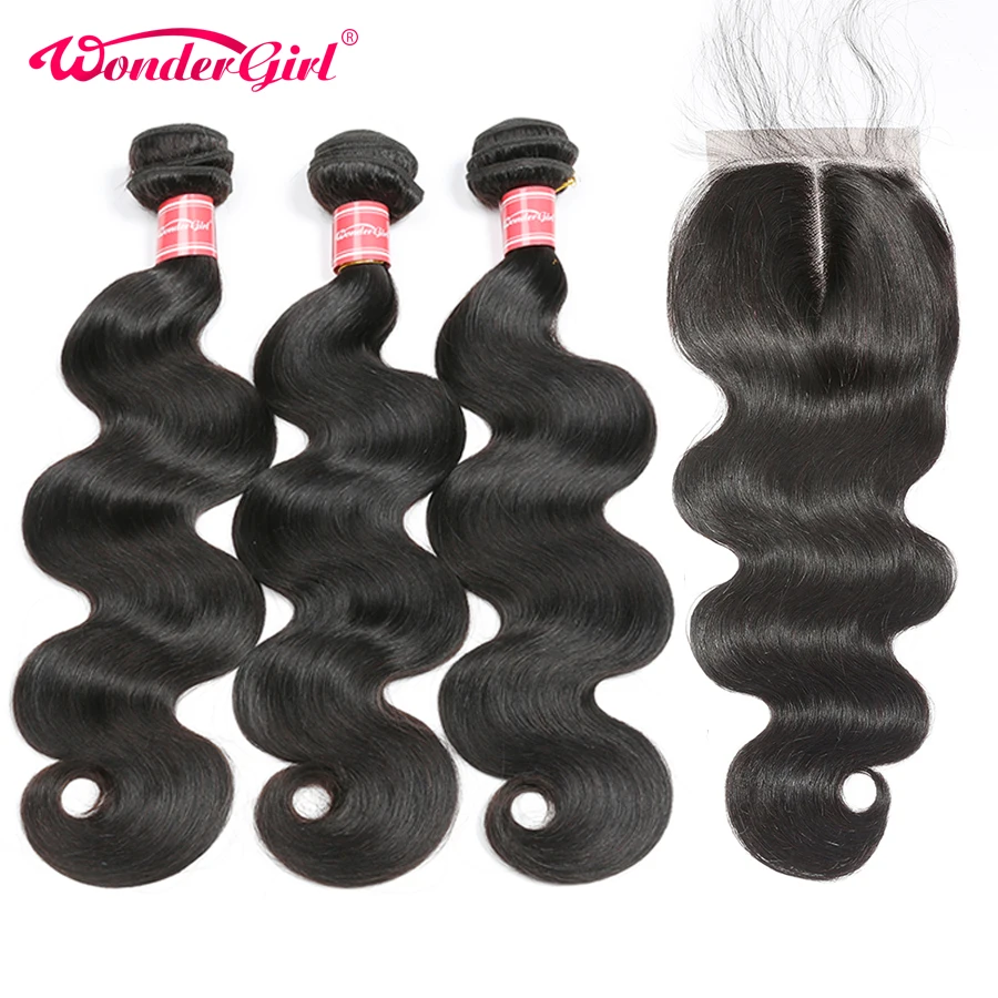

Wonder girl Brazilian Body Wave 3 Bundles With Closure Remy Human Hair Bundles With Closure Brazilian Hair Weave Bundles 4PCS
